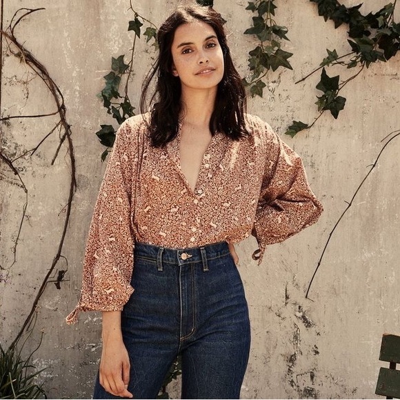 Doen Tops - Doen Top O’Keefe Oversized Prairie Cottage Cream Rust Prancing Fawn Floral M EUC